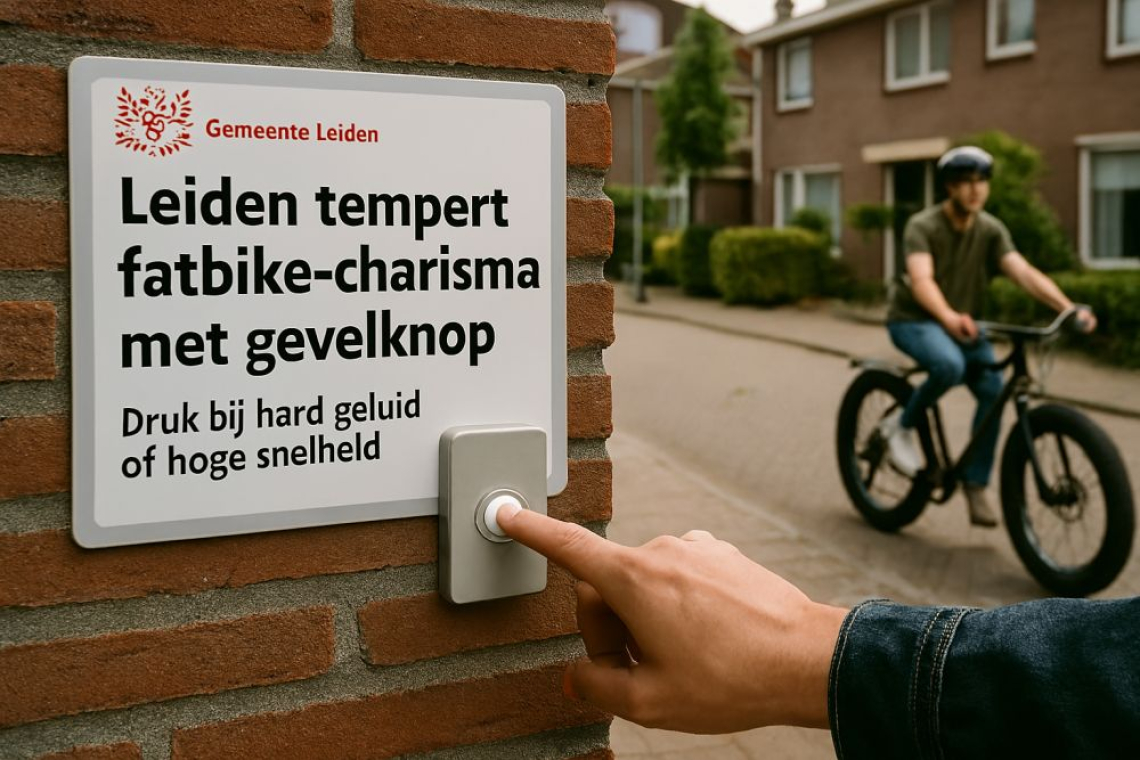 Een grijs kastje aan een gevel in een Leidse woonwijk, bedoeld om fatbikes te verklikken bij te luidruchtig of zelfverzekerd rijgedrag — onderdeel van de gemeentelijke proef ‘ritmische correctie’.