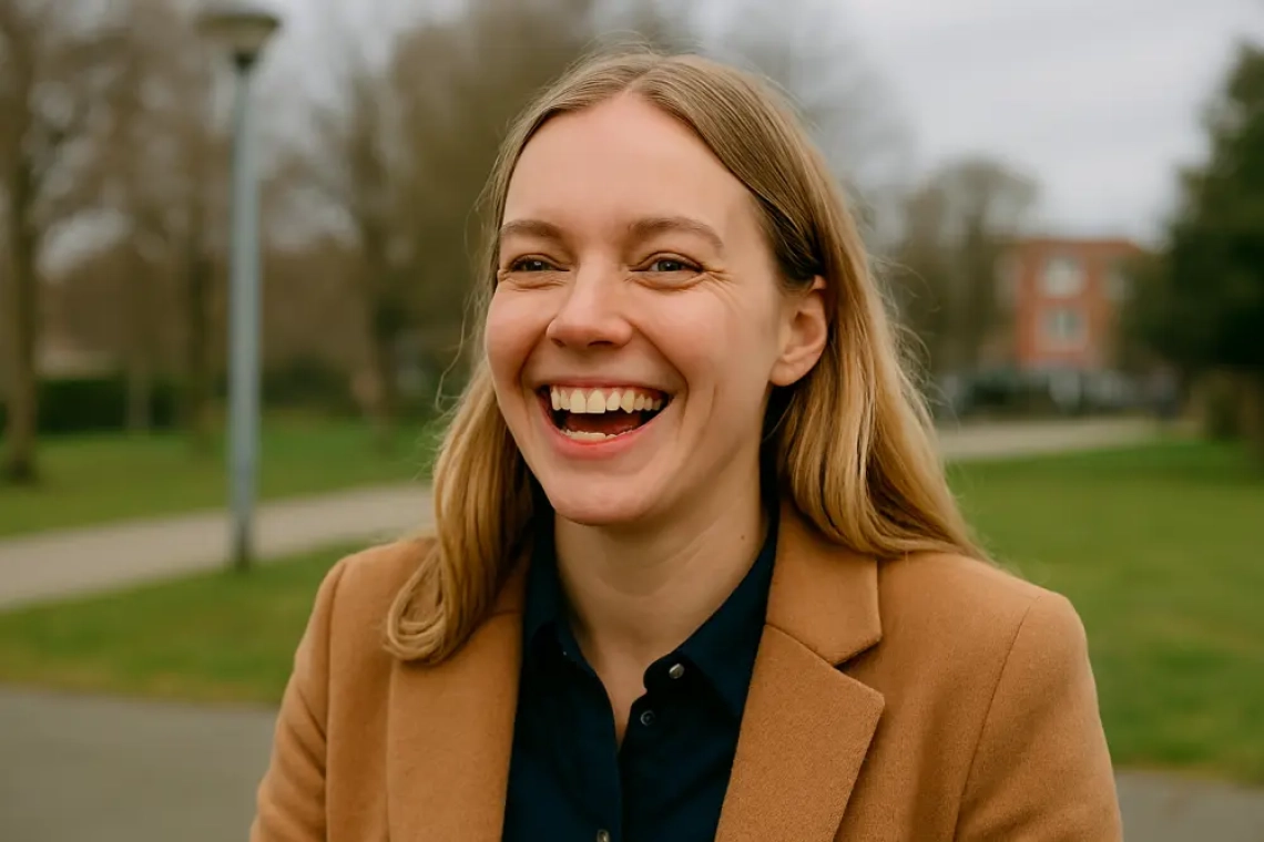 Vrolijke jonge vrouw met blond haar lacht in een parkachtige omgeving, gekleed in een camelkleurige jas en donkerblauw overhemd. De achtergrond toont bomen, gras en een subtiel stadsdecor, met zachte daglichtverlichting.